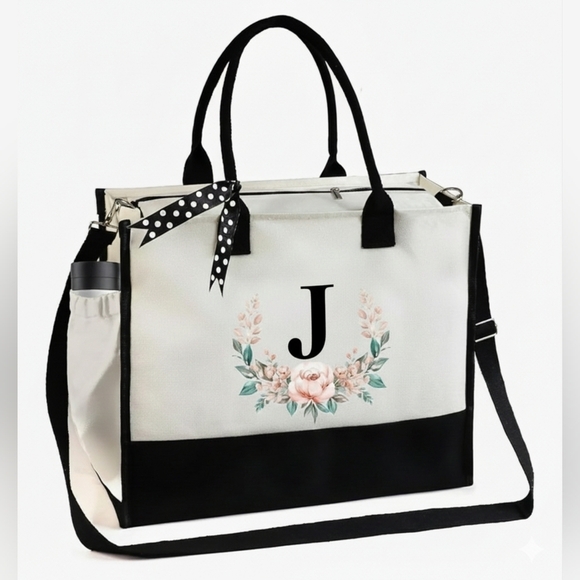 Handbags - Monogrammed Floral Letter -J- Canvas Tote Bag Zipper Pocket Side Pouch Gift NWT